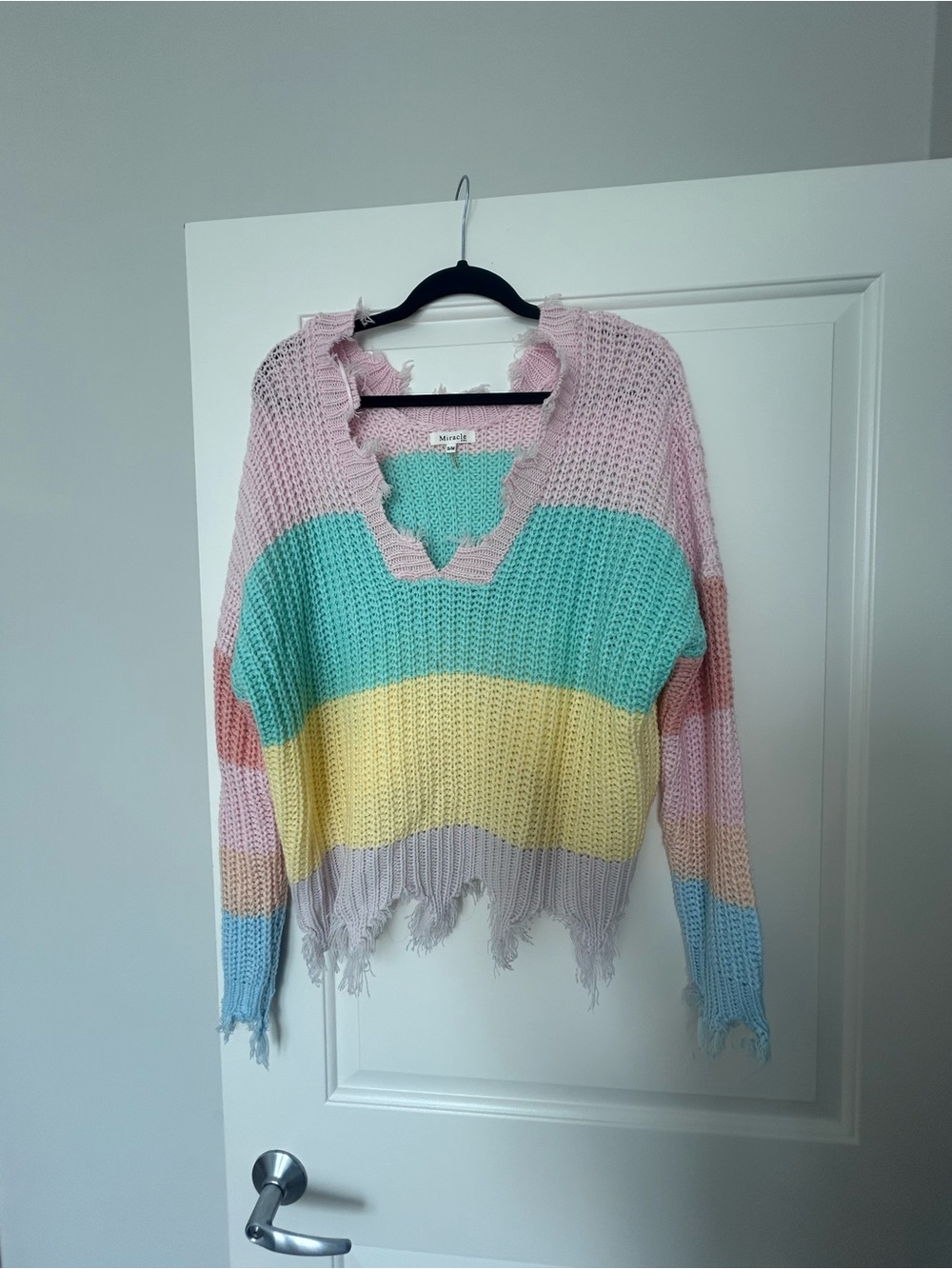 Pastel Rainbow Distressed Knit Sweater - Multicolor
